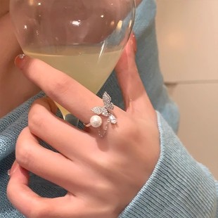 春夏闪锆蝴蝶珍珠链条开口戒指女轻奢高级感食指戒小众设计感指环