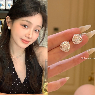 玫瑰耳语！法式小香风缠绕珍珠耳钉女高级感气质大气耳环绝美耳饰