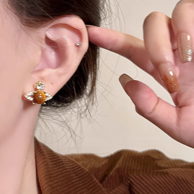 美拉德虎眼石土星耳钉爆款女耳饰