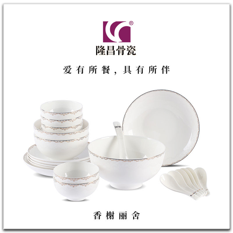 隆昌骨瓷碗碟套装家用欧式乔迁釉上彩碗盘高档礼盒套装送礼碗餐具