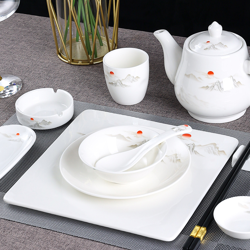 陶瓷摆台餐具四件套骨碟翅碗茶杯汤勺酒店餐厅宴会简约风景画餐具