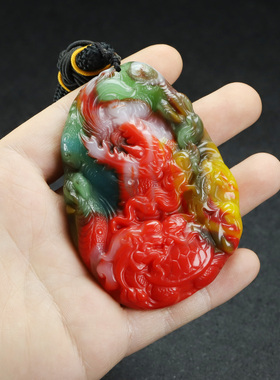 和田玉彩玉长寿龙龟手把件七彩玉双面雕刻龙行天下把玩件腰牌挂件