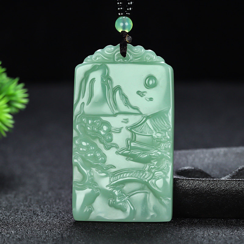 新疆和田玉湖水蓝山水牌吊坠男女且末蓝山水玉牌挂件玉坠玉佩项链