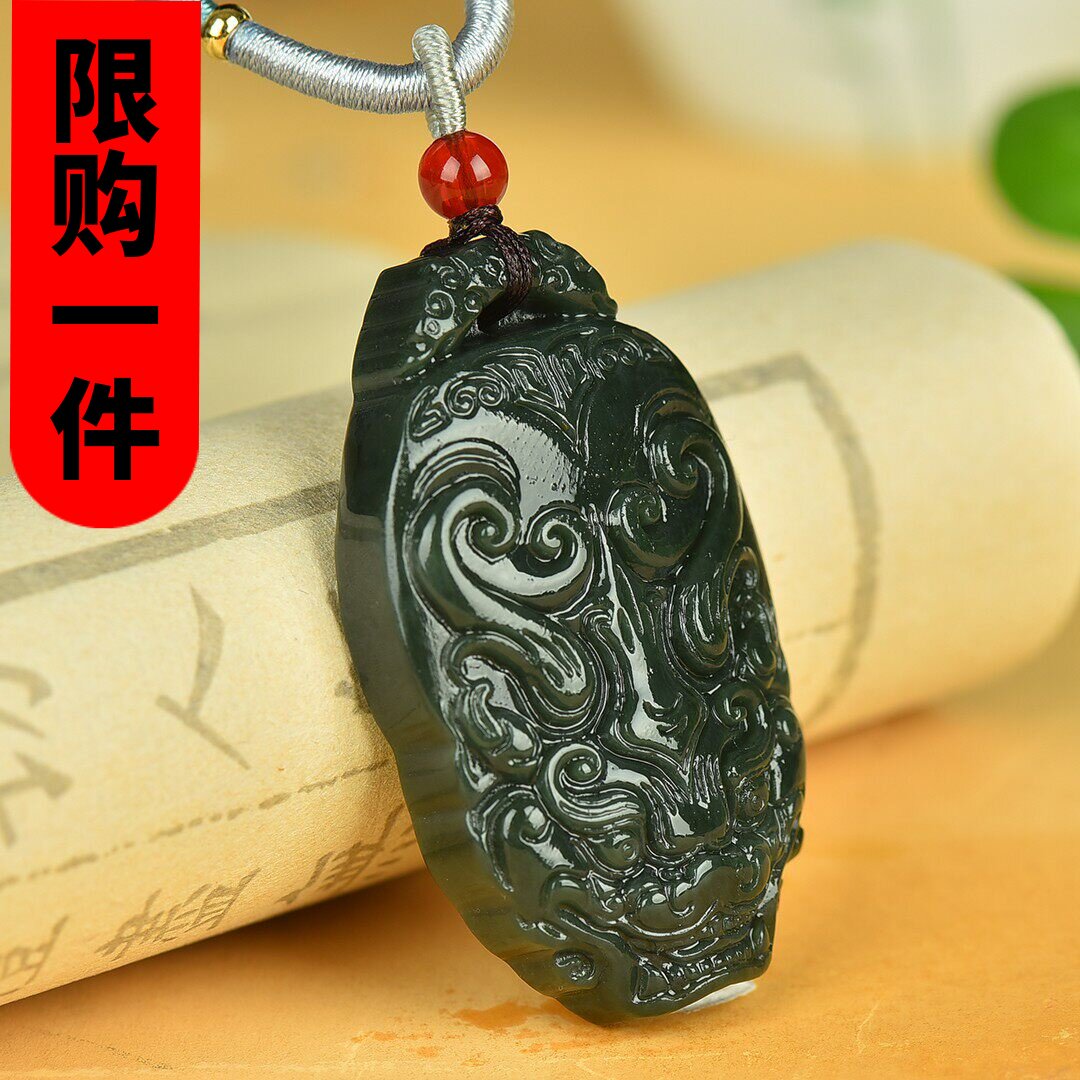 和田玉青玉仿古兽吊坠双面皮休貔貅挂件精雕霸气福寿如意玉佩玉牌