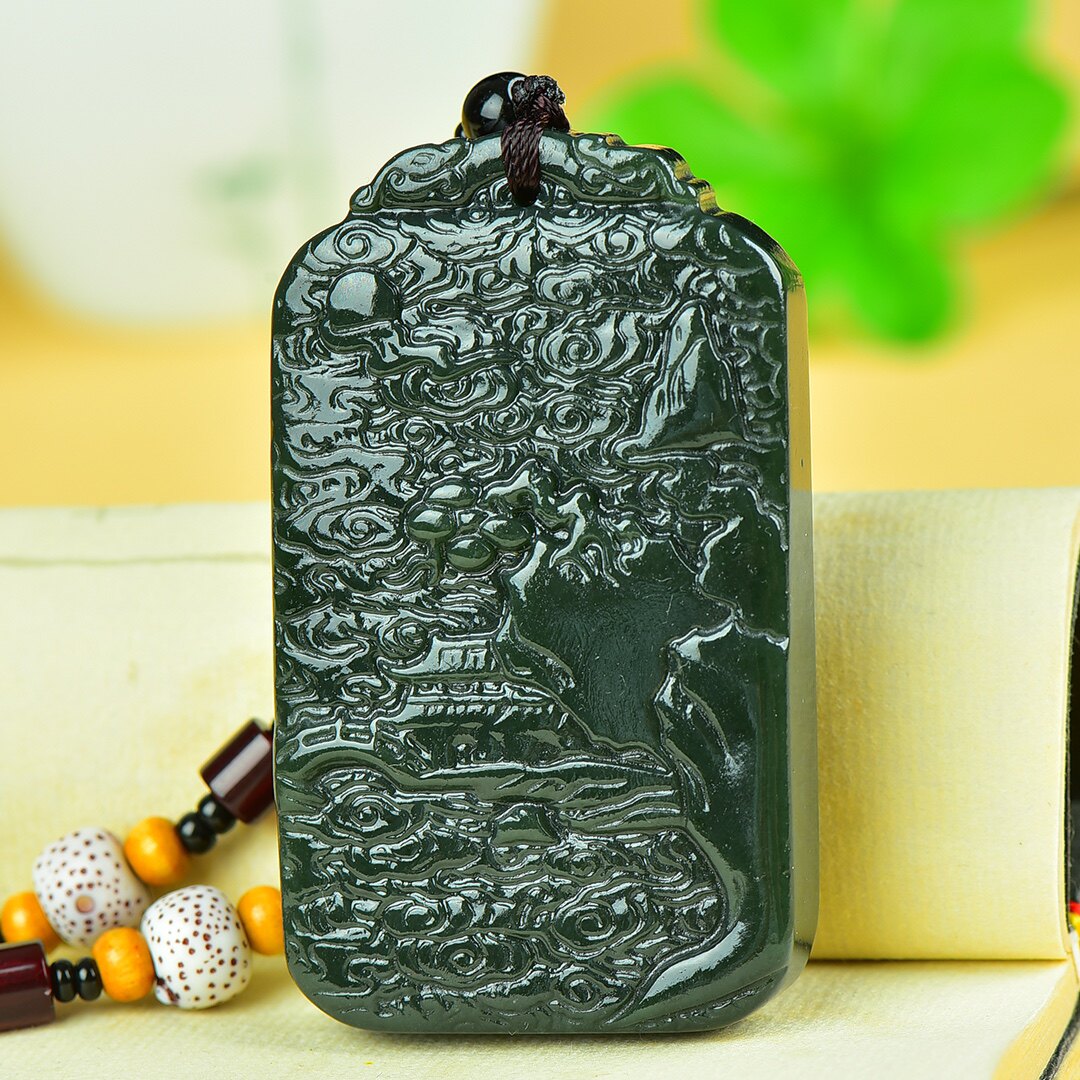 和田玉山水牌子挂件黑墨绿青玉平安牌吊坠玉石意境平安牌男女项链