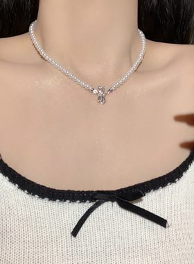 蝴蝶结珍珠项链颈链锁骨链