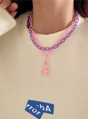 亚克力小熊项链双层叠戴锁骨链小众设计嘻哈ins潮网红毛衣链女