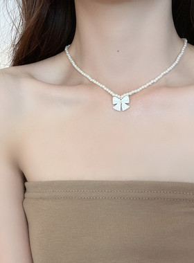 白色蝴蝶结珍珠项链颈链锁骨链