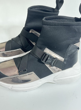 圣迪家牛皮拼接织带运动风圆头高邦女鞋时尚女靴3988