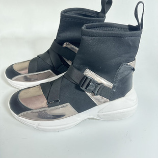 圣迪家牛皮拼接织带运动风圆头高邦女鞋 女靴3988 时尚