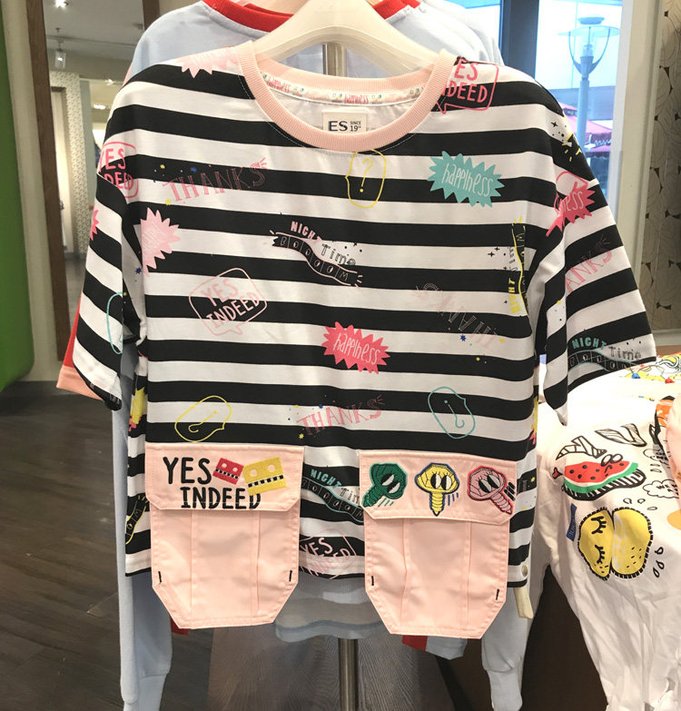 ◆Etam/艾格 ES专柜正品折扣店◆彩色条纹个性印花T恤