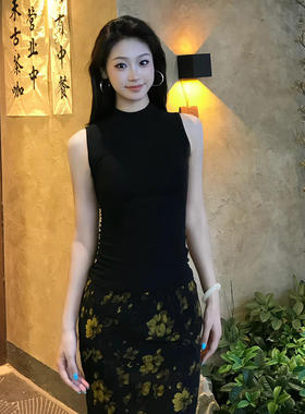 150小矮个子半高领无袖背心女夏复古港风中长款碎花裙T恤上衣套装