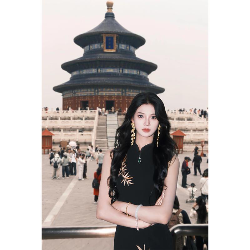 改良旗袍女新中式国风女装2025新款高级感重工刺绣黑色无袖连衣裙