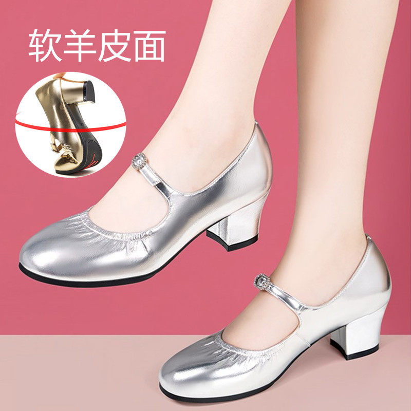 银色时尚真皮舞蹈鞋子软底中跟女