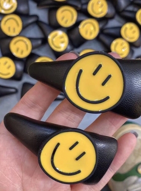 陈太太同款黄色笑脸发夹日系可爱刘海BB夹黑色皮质拜拜夹网红头饰
