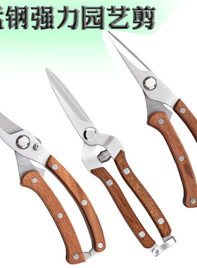 实木柄防滑摘果剪锰钢强力园艺修枝嫁接花艺剪枝去刺园林剪子直销
