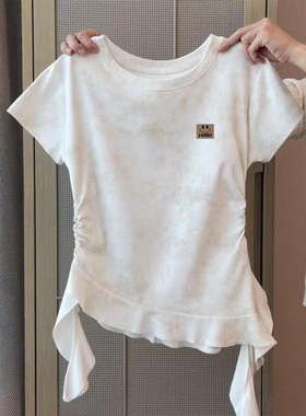 韩系不规则扎染正肩短袖T恤中大童夏季设计感褶皱收腰女童上衣潮