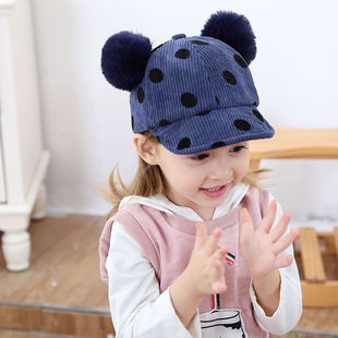 2023款秋季新款KUKUJI灯芯绒圆点双毛球儿童帽子前沿流行棒球帽