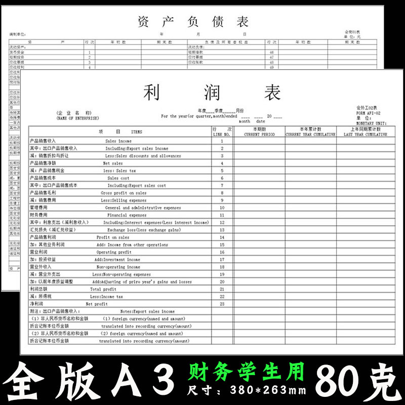 A3资产负债表和利润表财务学生用报表公司利润本科目汇总表资金表