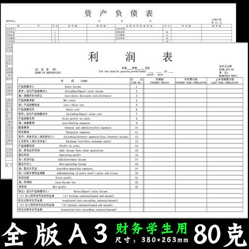 a3资产负债表和利润表科目汇总表