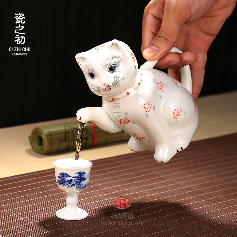 仿古招财猫可爱茶壶过滤德化陶瓷手绘茶具手工出口日本老酒壶家用