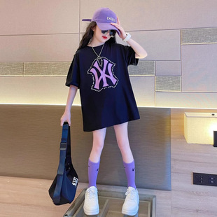 (100%纯棉)200克女童夏装新款字母印花T恤中大童儿童短袖中长款