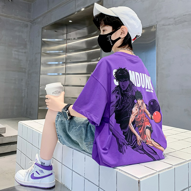 男童纯棉短袖t恤中大童夏季韩版印花上衣儿童帅气男孩宽松体恤衫