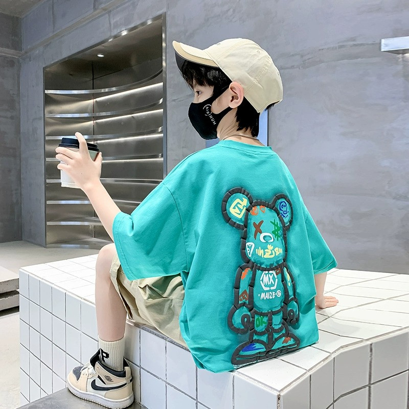 【实体品质】男童纯棉短袖t恤夏季儿童宽松中大童印花上衣男孩半�