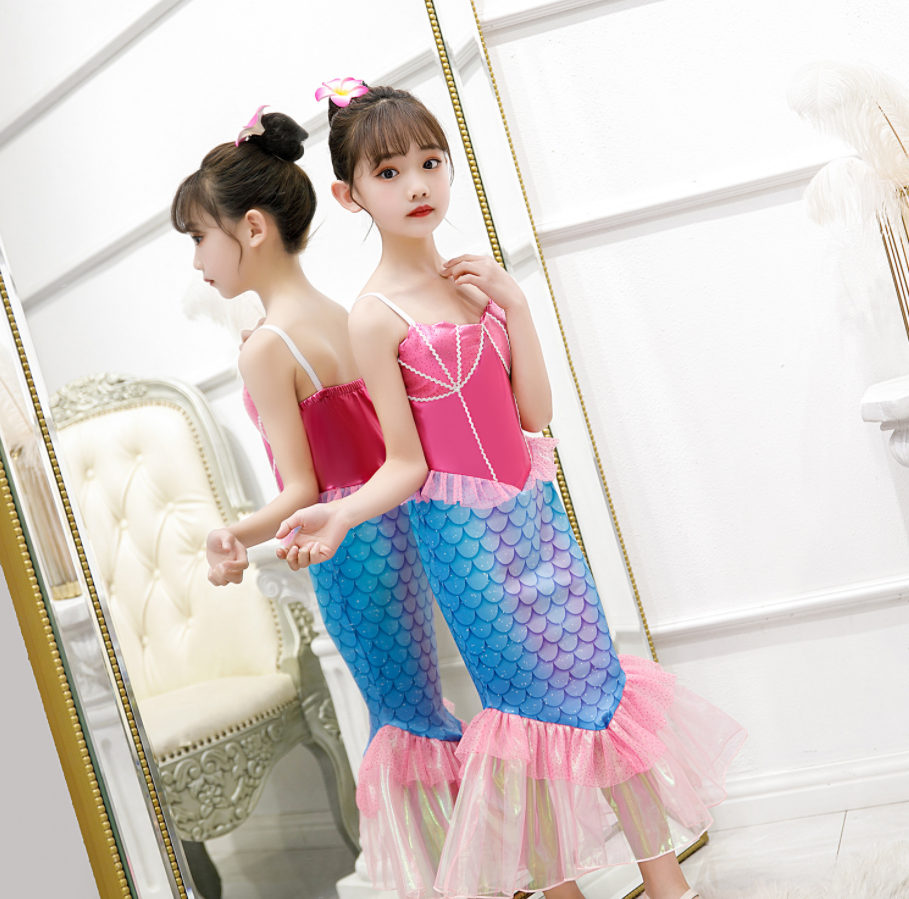 女童美人鱼公主裙子儿童鱼尾巴演出走秀服装女孩吊带海边度假衣服