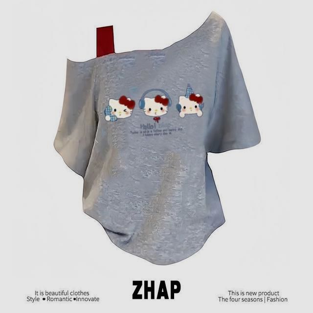 【ZHAP】新款单肩露肩吊带宽松短袖t恤女浅灰色吊带夏季外穿kitty