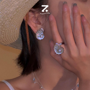 S925纯银白贝海螺圆形耳环时尚百搭复古国风水晶小众设计潮流套装