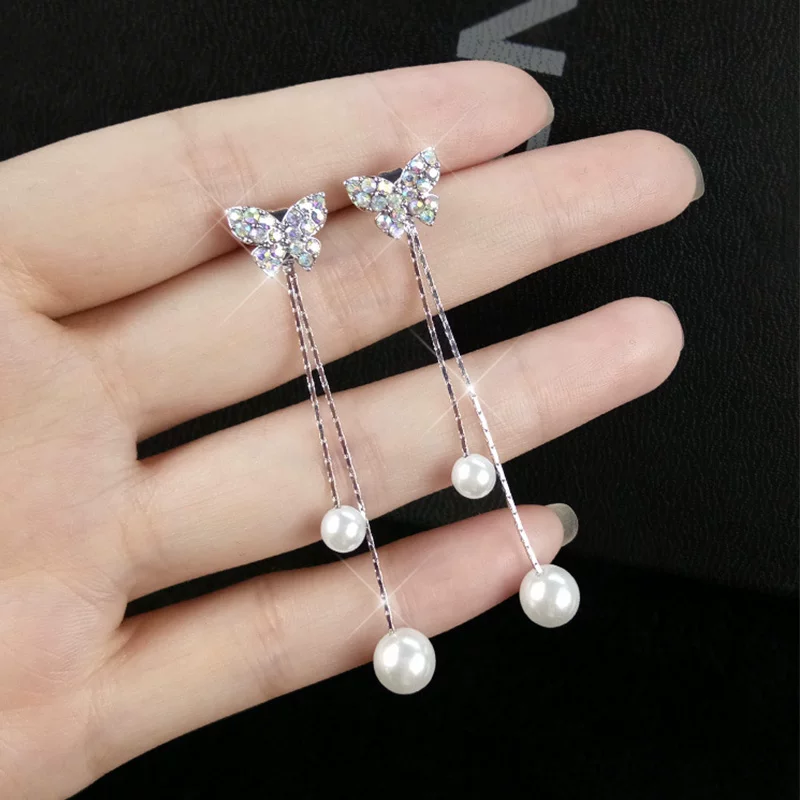 Серьги с бантом, длинный универсальный аксессуар из жемчуга, корейский стиль, серебро 925 образец