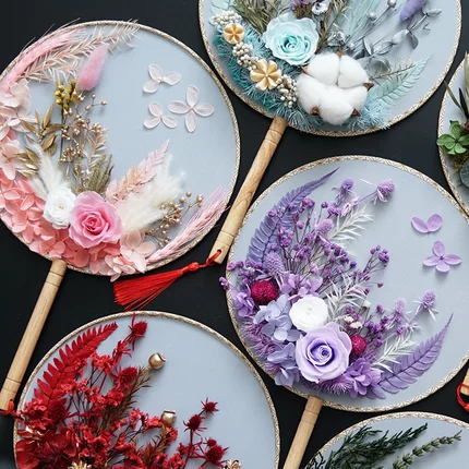 古风团扇永生花diy手工空白子宫长柄扇子干花材料包沙龙团建礼品