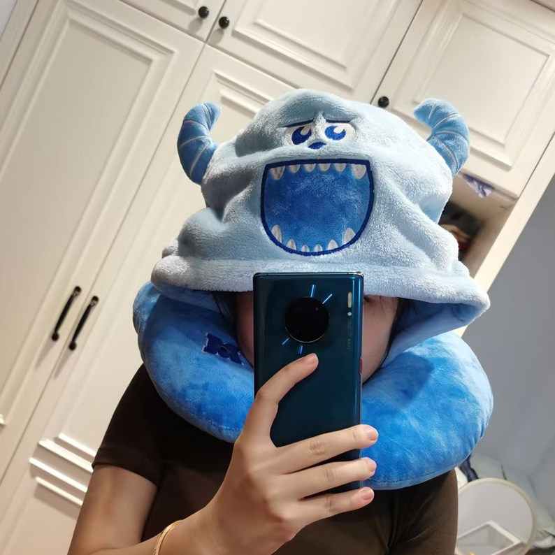 可爱卡通小熊三眼毛怪连帽U型枕护颈枕旅行飞机带帽颈枕午睡枕U枕