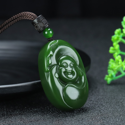 新疆和田玉碧玉弥勒佛吊坠挂件菠菜绿笑口常开玉佛玉坠男女款项链