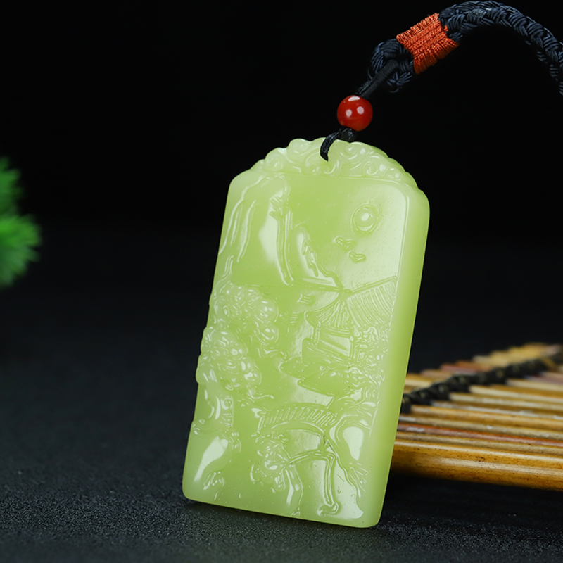 新疆和田玉山水牌挂件黄口料转运山水意境牌若羌黄口大好河山吊坠