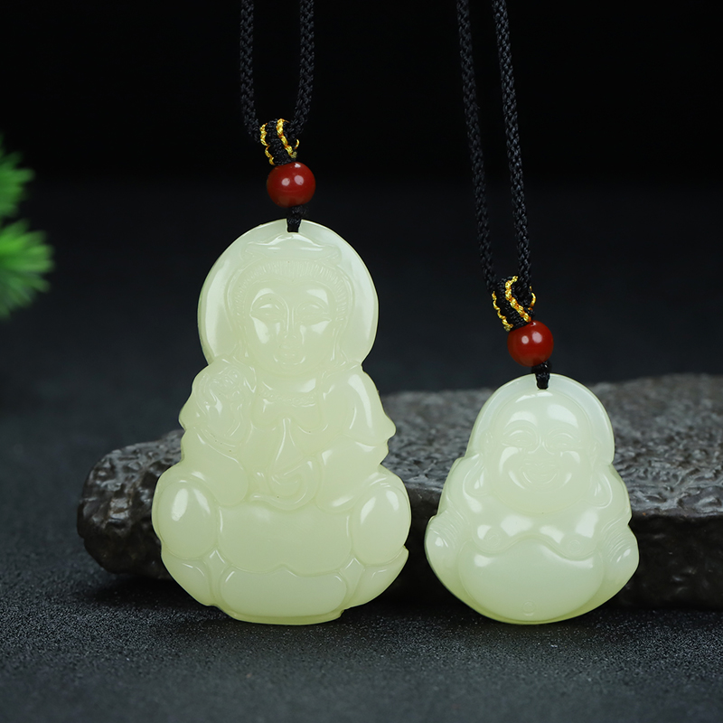 新疆和田玉观音玉佛挂件情侣款黄口观音笑佛吊坠玉石菩萨佛像玉佩