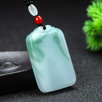 天然新疆和田玉青花玉平安无事牌吊坠男女款天山翠祥云牌挂件项链