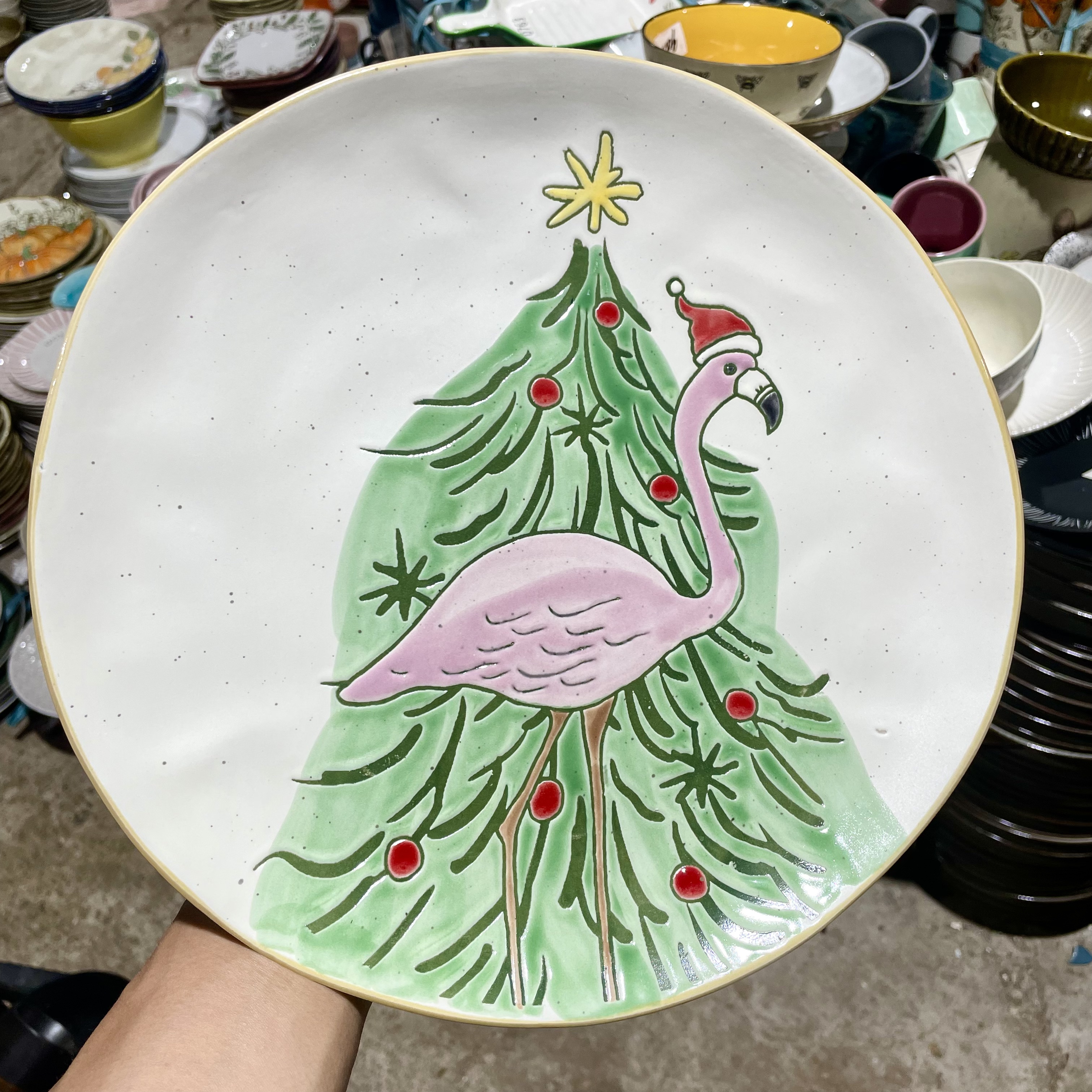 超好看靓丽火烈鸟陶瓷大小盘高档欧式浮雕手绘水果沙拉摆盘子1208