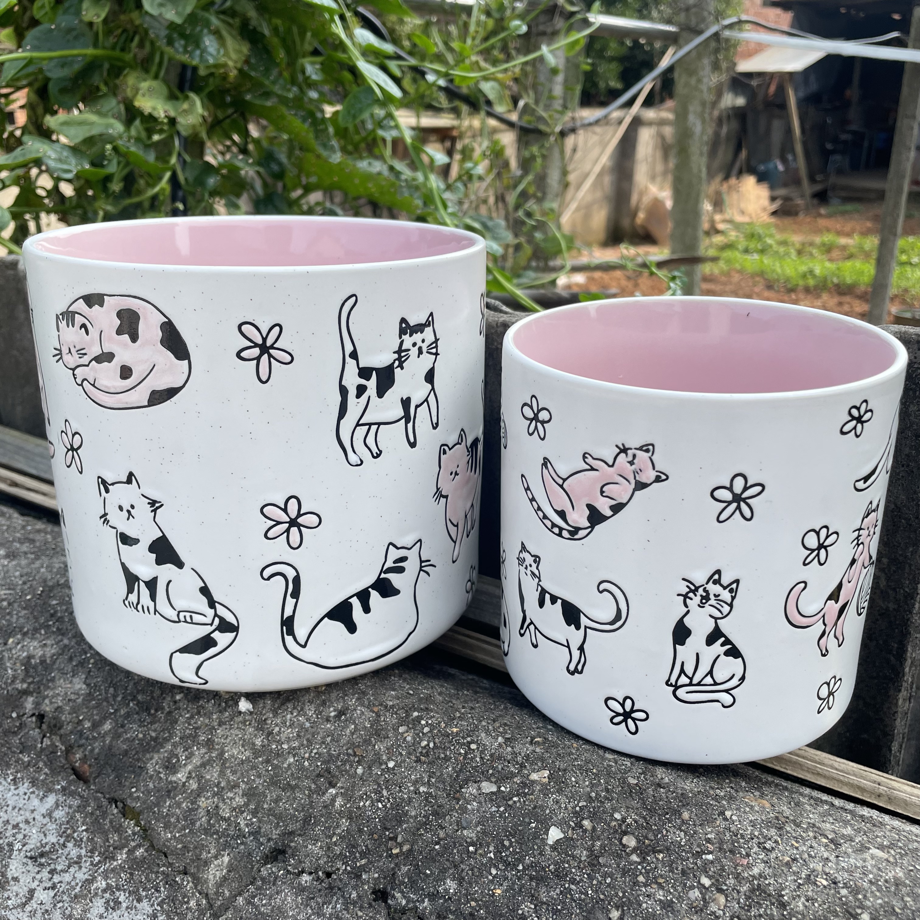 粉嫩可爱小猫陶瓷花盆直筒筷子创意厨房收纳罐蝴蝶兰花筒绿植盆栽