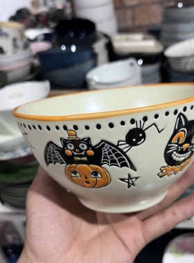 0477 浮雕手绘万圣节南瓜面碗6英寸微瑕高级清仓美式餐厅菜碗汤碗