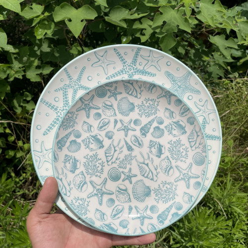 湖蓝手绘海星贝壳陶瓷家用盘子菜盘水果盘甜品盘沙拉盘餐厅海鲜盘