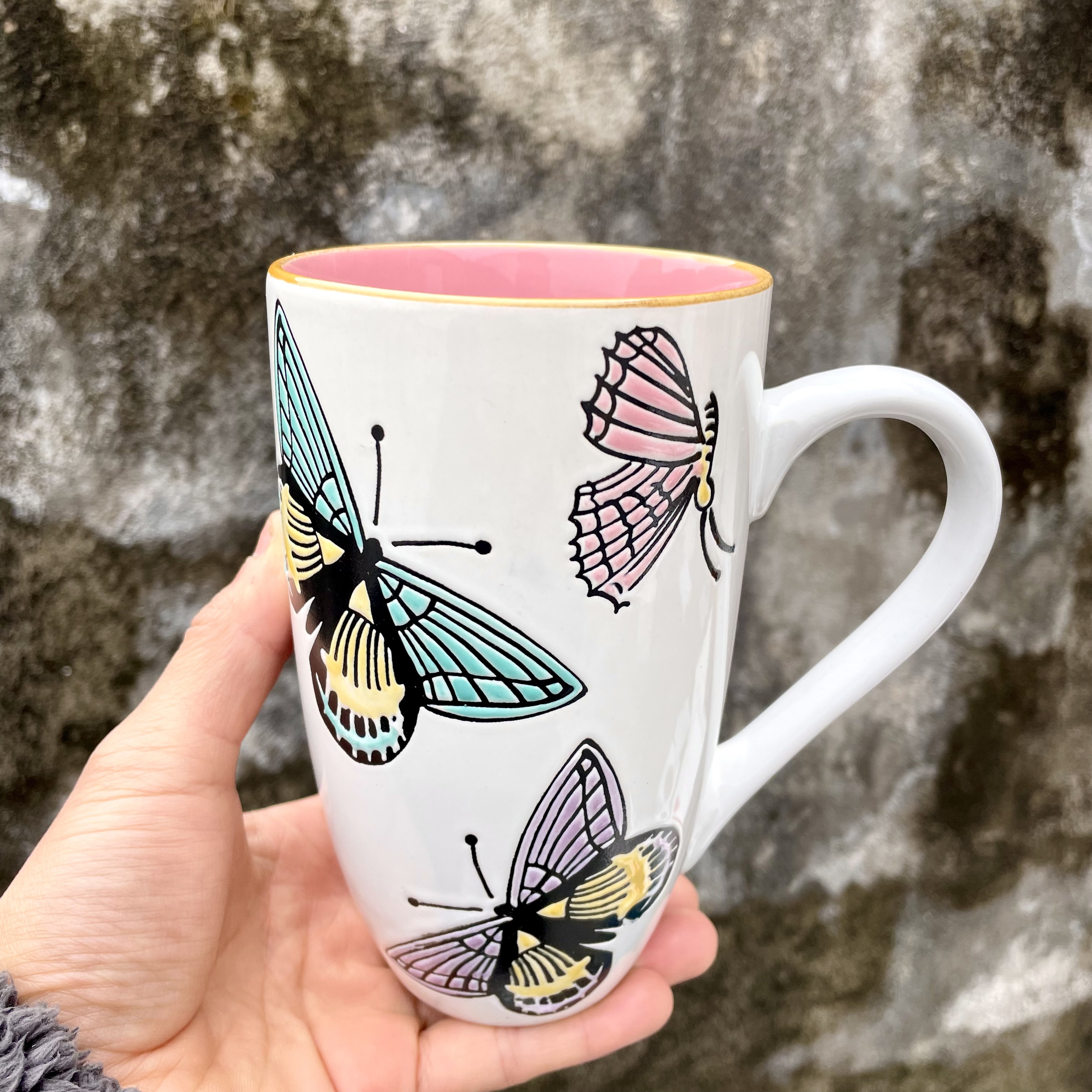 粉色少女心600毫升大容量陶瓷马克杯蝴蝶手绘办公喝水杯子咖啡杯