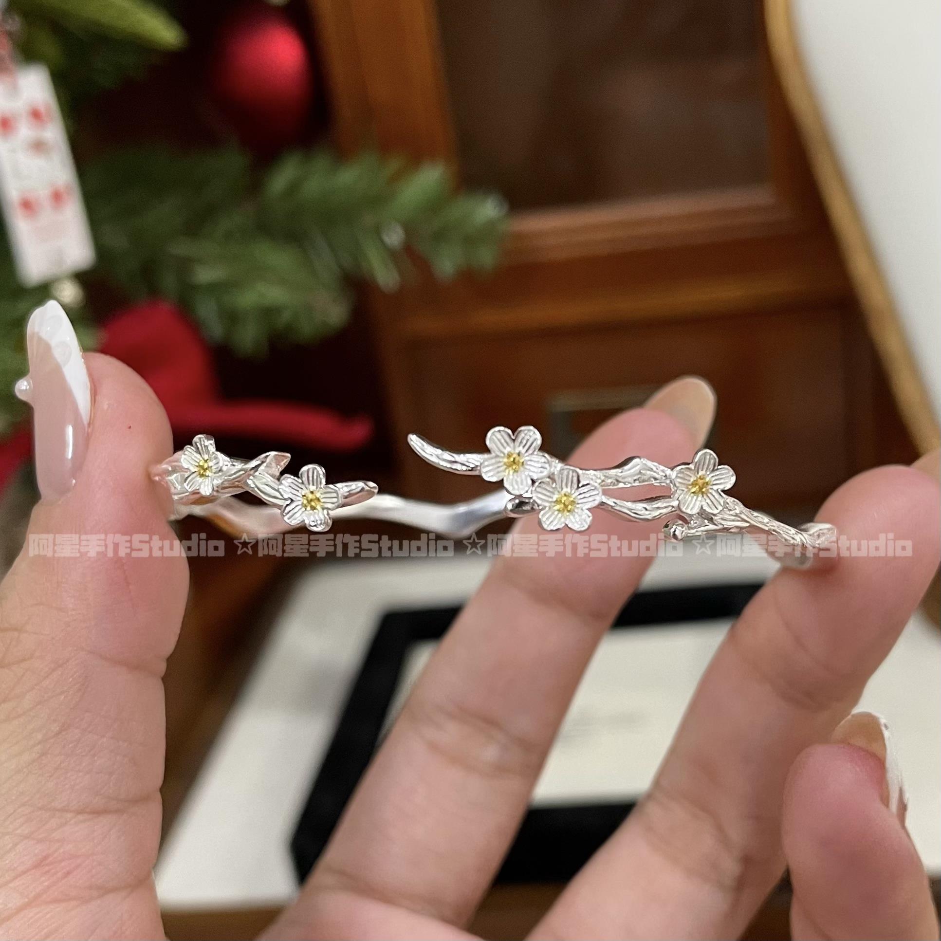 阿星手作studio 足银莫离茉莉花开口手镯七夕情人节礼物送女友