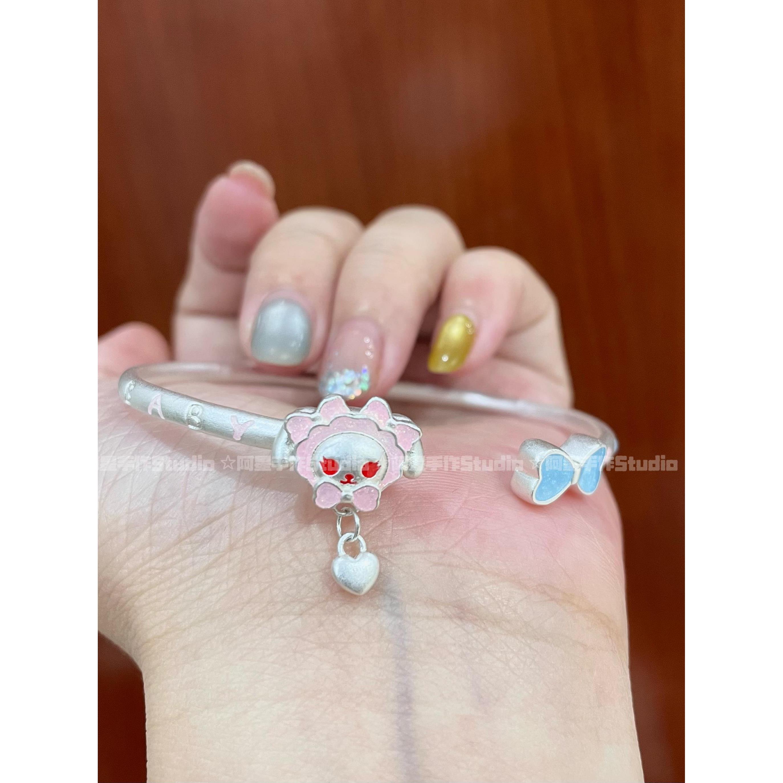 阿星手作足银珐琅兔熊开口手镯
