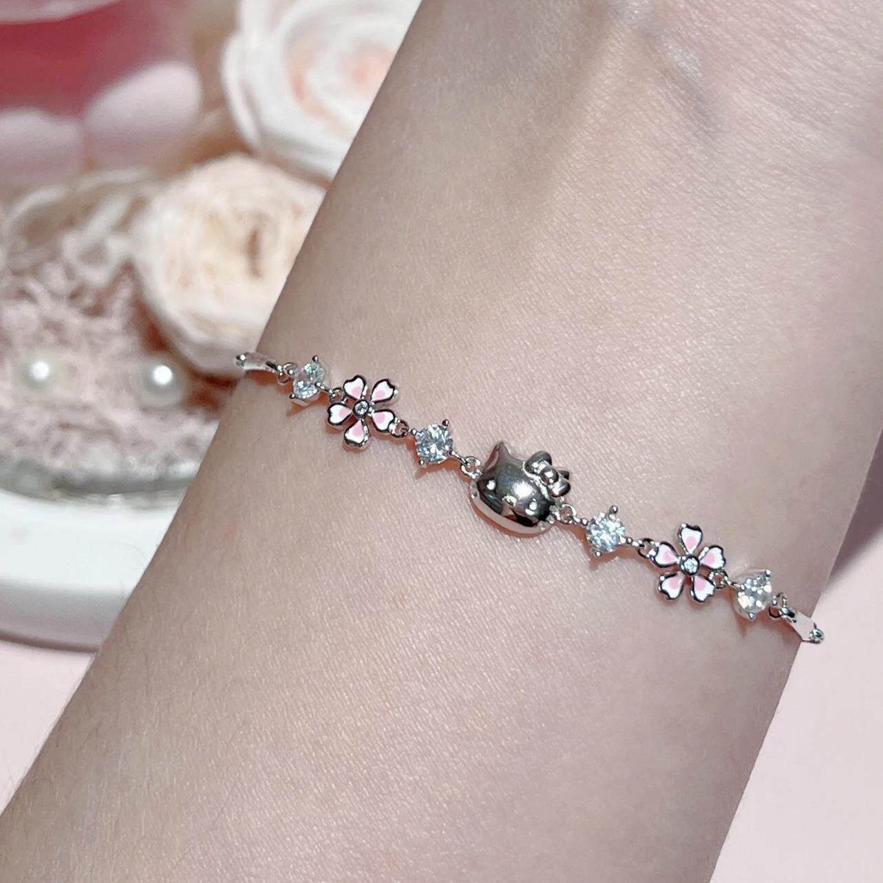 阿星手作足银HelloKitty樱花手链