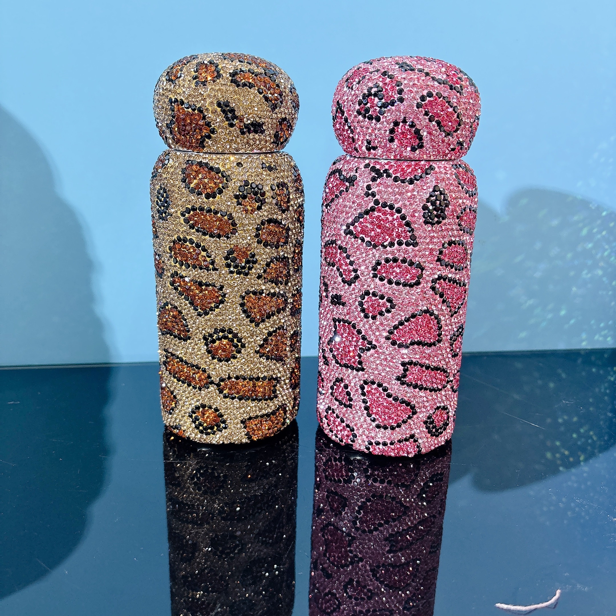 镶钻豹纹保温杯不锈钢口袋杯高颜值女杯子礼物可爱KT镶钻满钻奢华