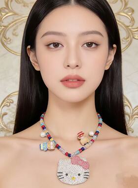 镶钻甜美少女粉色KT项链发圈轻奢气质设计精致配饰品