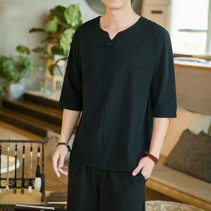 T19-P-24风咖啡厅宽松麻棉七分袖男士潮流加大码时尚短袖T恤T,男装T恤,星座1109-2