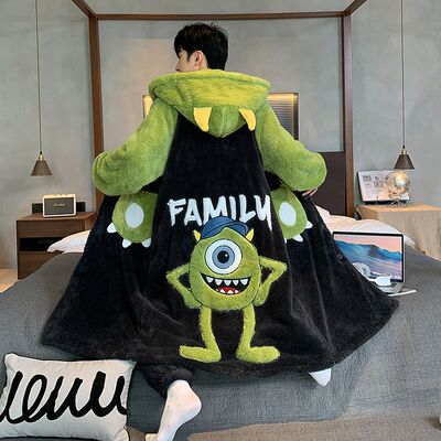 男士睡衣秋冬季三眼仔新款珊瑚绒